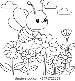 Cute kawaii cartoon character bee in the flower garden coloring page, vector printable worksheets for preschool.