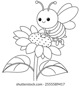 Cute kawaii cartoon character bee on a sunflower coloring page, vector printable worksheets for preschool.