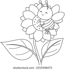 Cute kawaii cartoon character bee on a sunflower coloring page, vector printable worksheets for preschool.