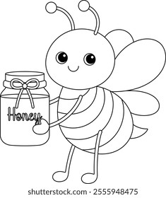 Cute kawaii cartoon character bee and honey jar coloring page, vector printable worksheets for preschool.
