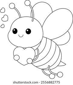 Cute kawaii cartoon character bee with heart coloring page for kids