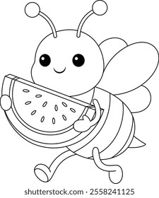 Cute kawaii cartoon character bee bee holding watermelon coloring page for kids