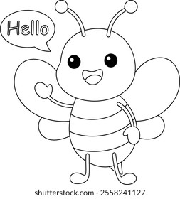 Cute kawaii cartoon character bee waving hand coloring page for kids