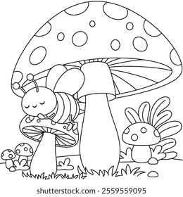 Cute kawaii cartoon character bee sleeping on the mushroom coloring page for kids