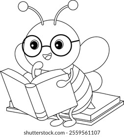 Cute kawaii cartoon character bee reading book coloring page for kids