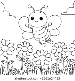 Cute kawaii cartoon character bee in the flower garden coloring page for kids