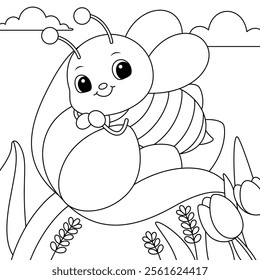 Cute kawaii cartoon character bee lying on the flower coloring page for kids