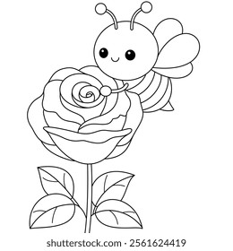 Cute kawaii cartoon character bee and rose coloring page for kids