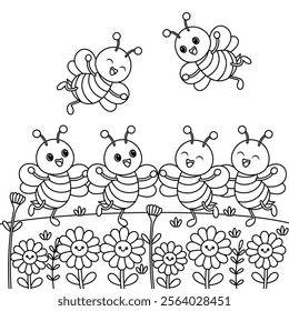 Cute kawaii cartoon character bee dancing coloring page for kids