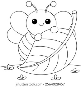 Cute kawaii cartoon character bee behind a leaf coloring page for kids