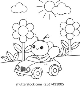 Cute kawaii cartoon character bee driving car coloring page for kids