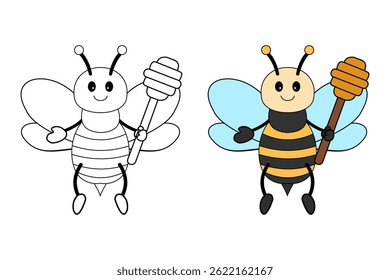 Cute kawaii cartoon character bee with dipper coloring pages, printable vector worksheets for preschool learning. Simple bee drawing and bee drawings easy for colouring book.
