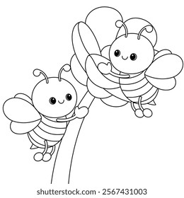 Cute kawaii cartoon character bees and fllower coloring page for kids