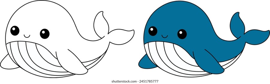 Cute kawaii cartoon character blue whale isolated on white background coloring page, vector printable worksheets for preschool.