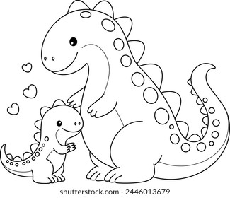 Lindo personaje de dibujos animados kawaii para colorear con mamá y bebé dinosaurio. Vector del Día de la Madre hojas de trabajo imprimibles para preescolar. 