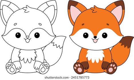 Cute kawaii cartoon character fox isolated on white background coloring page, vector printable worksheets for preschool.