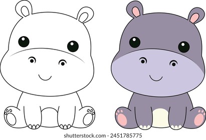 Cute kawaii cartoon character hippopotamus isolated on white background coloring page, vector printable worksheets for preschool.