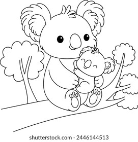 Cute kawaii cartoon character koala mom and baby on the tree coloring page. Mother's Day vector printable worksheets for preschool. 