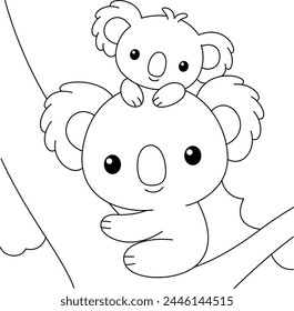 Cute kawaii cartoon character koala mom and baby on the tree coloring page. Mother's Day vector printable worksheets for preschool. 