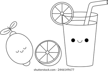 Cute kawaii cartoon character lemon and lemon tea coloring page. Vector printable worksheets for preschool. 