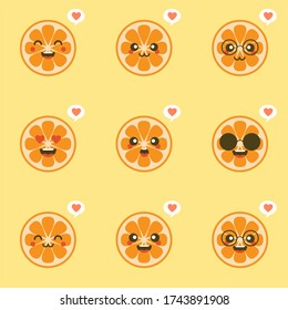 cute and kawaii Cartoon character orange. Healthy Happy Organic Fruit Character Illustration. Citrus fruits that are high in vitamin C. Sour, helping to feel fresh.