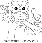 Cute kawaii cartoon character owl on the tree coloring page, vector printable worksheets for preschool.