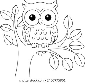 Cute kawaii cartoon character owl on the tree coloring page, vector printable worksheets for preschool.