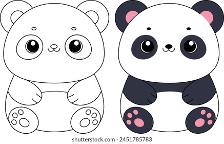 Cute kawaii cartoon character panda isolated on white background coloring page, vector printable worksheets for preschool.