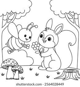 Cute kawaii cartoon character squirrel and bee coloring page for kids