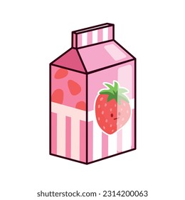 A cute kawaii cartoon character of a strawberry-flavored milk carton box on a white background