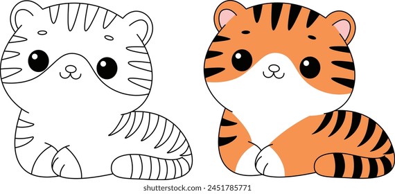 Cute kawaii cartoon character tiger isolated on white background coloring page, vector printable worksheets for preschool.