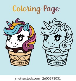 Cute kawaii cartoon character Unicorn coloring page, vector printable worksheets for preschool, kindergarten, 1st grade, 2nd grade