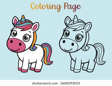 Cute kawaii cartoon character Unicorn coloring page, vector printable worksheets for preschool, kindergarten, 1st grade, 2nd grade