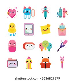 Cute Kawaii Cartoon Characters and Stationery Set