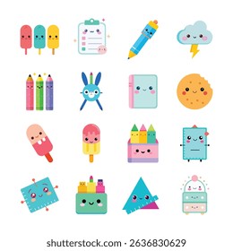 Cute Kawaii Cartoon Characters and Stationery Items