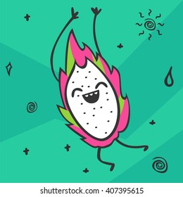 Cute kawaii cartoon Dragon Fruit. Smiling and dancing fruit character. Healthy food product. Vector illustration. 
