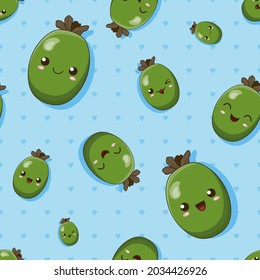 Cute kawaii cartoon feijoa fruit with the different facial expressions smile, laugh, wink and fall on the blue background with hearts. The small and big emoji of feijoa fruit, seamless pattern.