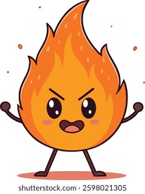 Cute Kawaii cartoon fire emoji character. Funny fire mascot clipart design. Playful blazing flame vector illustration. Angry or happy flame character. Chibi fire character fun and playful flame