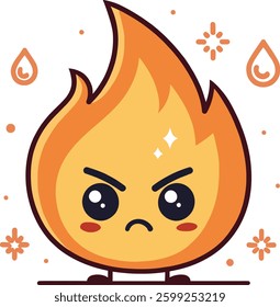 Cute Kawaii cartoon fire emoji character. Funny fire mascot clipart design. Playful blazing flame vector illustration. Angry or happy flame character. Chibi fire character fun and playful flame