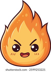 Cute Kawaii cartoon fire emoji character. Funny fire mascot clipart design. Playful blazing flame vector illustration. Angry or happy flame character. Chibi fire character fun and playful flame