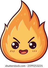 Cute Kawaii cartoon fire emoji character. Funny fire mascot clipart design. Playful blazing flame vector illustration. Angry or happy flame character. Chibi fire character fun and playful flame