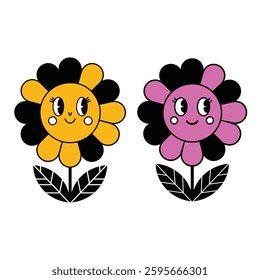 Cute Kawaii Cartoon Flowers with Smiling Faces – Vector Illustration