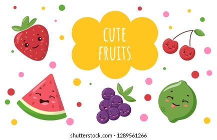 Cute kawaii cartoon fruit set with strawberry, watermelon,grape, lime, cherry. Children clip art for card, stickers, poster