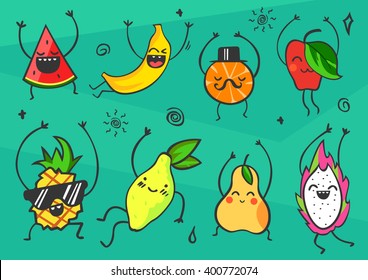 Cute kawaii cartoon fruits set. Smiling and dancing characters. Healthy food products: watermelon, banana, mandarin, apple, pineapple, lemon, pear and dragon fruit. Vector illustration. 