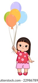 Cute kawaii cartoon girl in costume holding colorful balloons