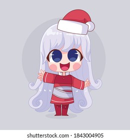 Cute Kawaii Cartoon Hand Drawn Girls or Kids Wearing Christmas Costume With Smiling Face. Suitable for Children Book, Mascot, Character, Greeting Cards, Sticker, T-Shirt Design. Illustration. Doodle