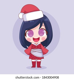 Cute Kawaii Cartoon Hand Drawn Girls or Kids Wearing Christmas Costume With Smiling Face. Suitable for Children Book, Mascot, Character, Greeting Cards, Sticker, T-Shirt Design. Illustration. Doodle