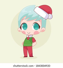 Cute Kawaii Cartoon Hand Drawn Boys or Kids Wearing Christmas Costume With Smiling Face. Suitable for Children Book, Mascot, Character, Greeting Cards, Sticker, T-Shirt Design. Illustration. Doodle