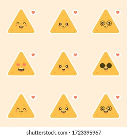 Cute and kawaii cartoon Happy Tortilla Chip Character. Nachos character Vector Illustration