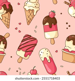 Cute kawaii cartoon ice cream desserts, eskimo seamless pattern, background. Vector illustrations